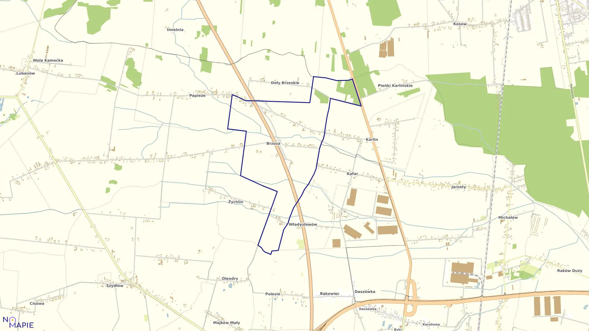 Mapa obrębu BRZOZA w gminie Grabica